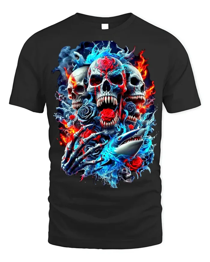 Skull and Shark Fire Ice Graphic T-Shirt for Men - black t-shirt on white background