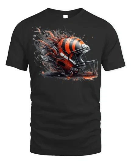 Fierce Football Helmet Flame T-Shirt Dynamic Art - black t-shirt on white background