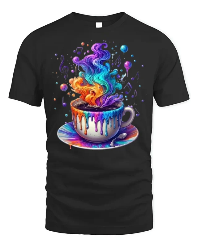 Colorful Coffee Cup Art T-Shirt Trippy Vibes - black t-shirt on white background