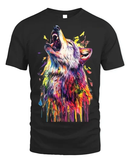 Vibrant Howling Wolf Art T-Shirt Colorful Design - black t-shirt on white background