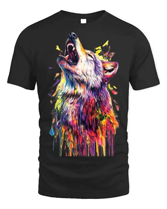 Vibrant Howling Wolf Art T-Shirt Colorful Design - black t-shirt on white background