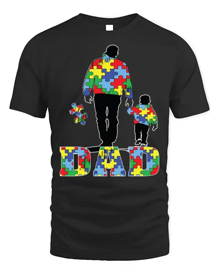 Father and Child Puzzle T-Shirt Colorful Dad - black t-shirt on white background