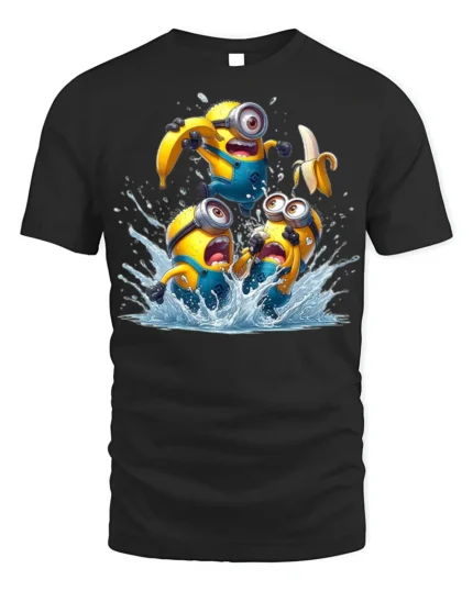 Minions Banana Splash Funny Graphic T-Shirt - black t-shirt on white background