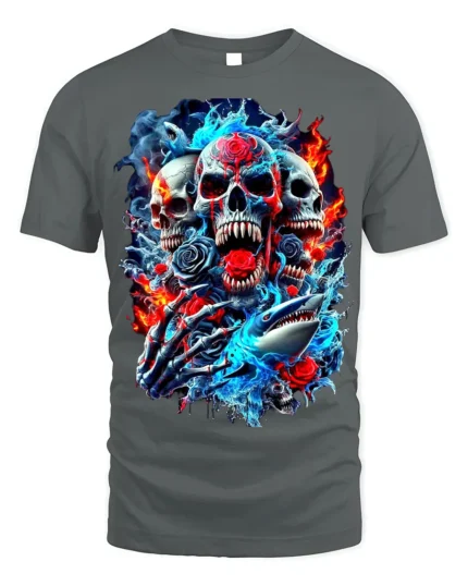 Skull and Shark Fire Ice Graphic T-Shirt for Men - gray t-shirt on white background