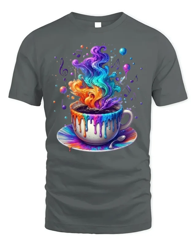Colorful Coffee Cup Art T-Shirt Trippy Vibes - gray t-shirt on white background
