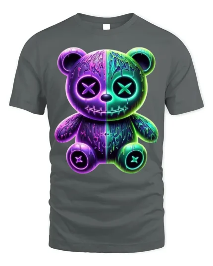 Neon Drip Bear T-Shirt Glow in the Dark Streetwear - gray t-shirt on white background