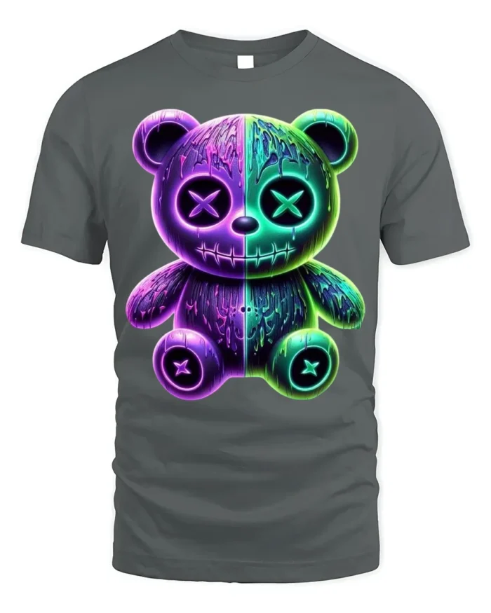 Neon Drip Bear T-Shirt Glow in the Dark Streetwear - gray t-shirt on white background