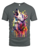 Vibrant Howling Wolf Art T-Shirt Colorful Design - gray t-shirt on white background