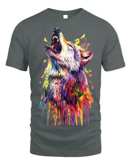 Vibrant Howling Wolf Art T-Shirt Colorful Design - gray t-shirt on white background