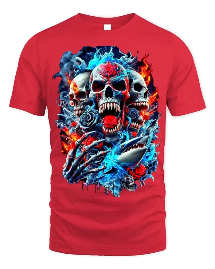 Skull and Shark Fire Ice Graphic T-Shirt for Men - red t-shirt on white background