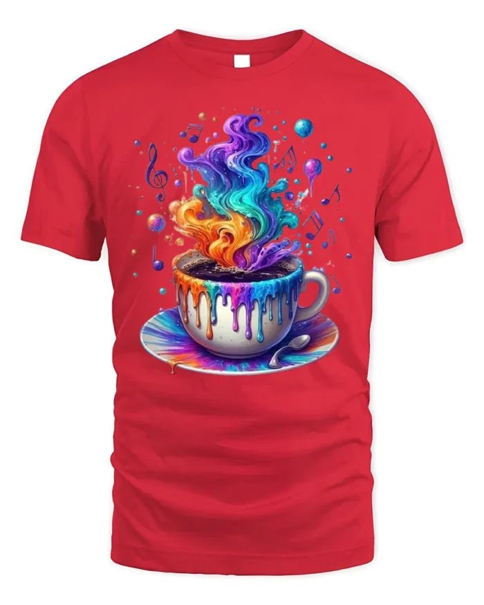 Colorful Coffee Cup Art T-Shirt Trippy Vibes - red t-shirt on white background