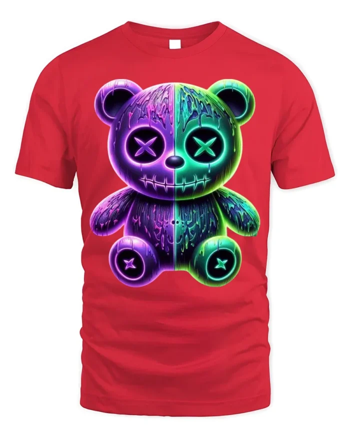 Neon Drip Bear T-Shirt Glow in the Dark Streetwear - red t-shirt on white background