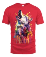 Vibrant Howling Wolf Art T-Shirt Colorful Design - red t-shirt on white background