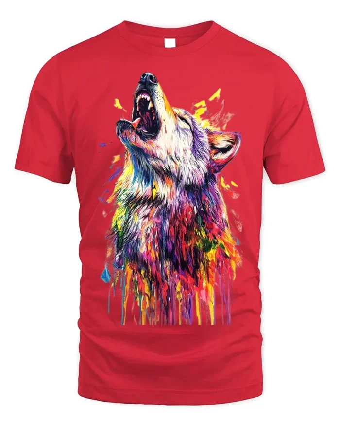 Vibrant Howling Wolf Art T-Shirt Colorful Design - red t-shirt on white background