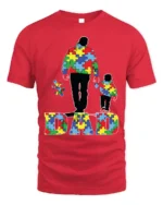 Father and Child Puzzle T-Shirt Colorful Dad - red t-shirt on white background