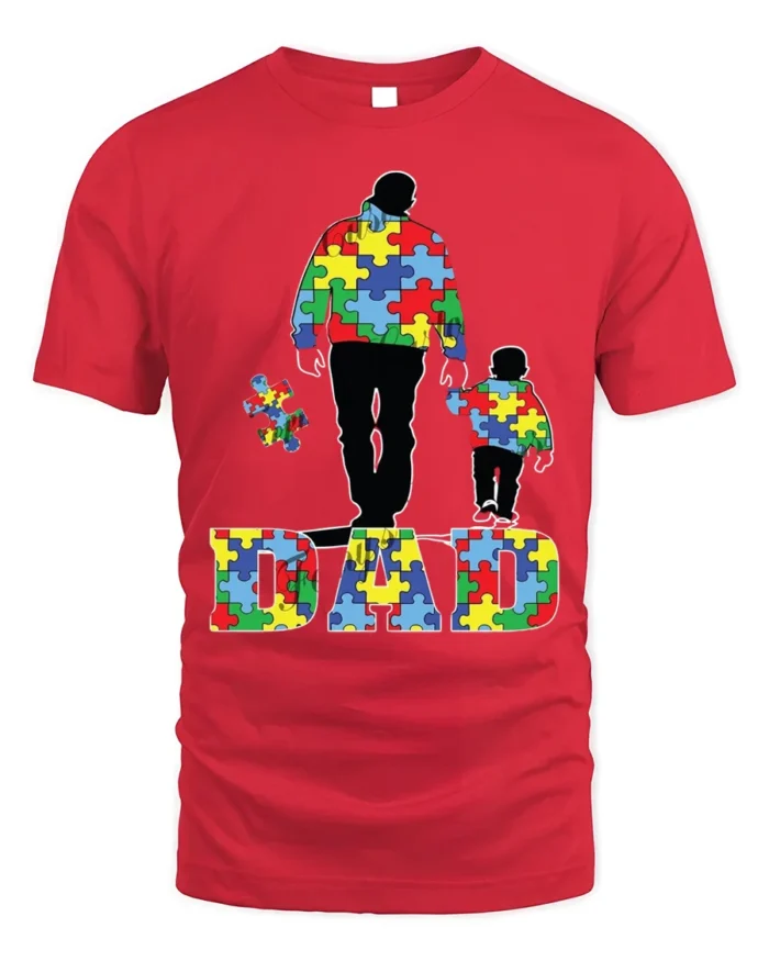 Father and Child Puzzle T-Shirt Colorful Dad - red t-shirt on white background