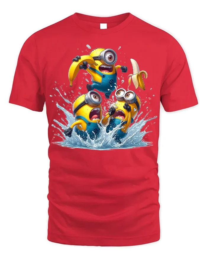 Minions Banana Splash Funny Graphic T-Shirt - red t-shirt on white background