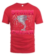Storm Chaser Tornado Lightning Graphic T-Shirt - red t-shirt on white background