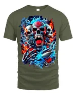 Skull and Shark Fire Ice Graphic T-Shirt for Men - military green t-shirt on white background