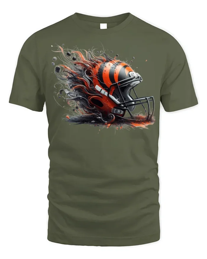 Fierce Football Helmet Flame T-Shirt Dynamic Art - military green t-shirt on white background