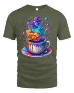Colorful Coffee Cup Art T-Shirt Trippy Vibes - military green t-shirt on white background