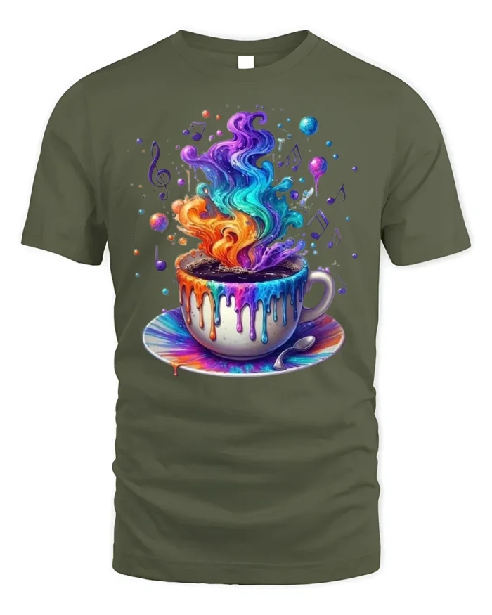 Colorful Coffee Cup Art T-Shirt Trippy Vibes - military green t-shirt on white background
