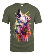 Vibrant Howling Wolf Art T-Shirt Colorful Design - military green t-shirt on white background