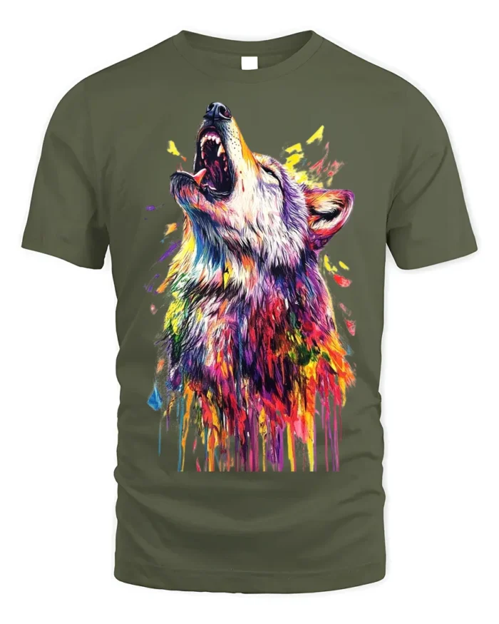 Vibrant Howling Wolf Art T-Shirt Colorful Design - military green t-shirt on white background