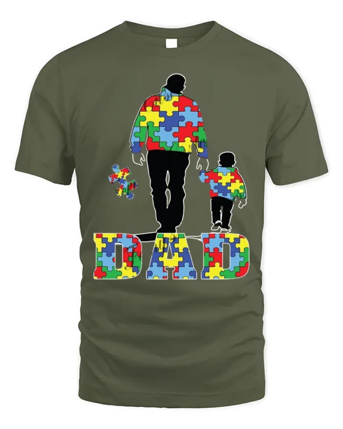 Father and Child Puzzle T-Shirt Colorful Dad - military green t-shirt on white background