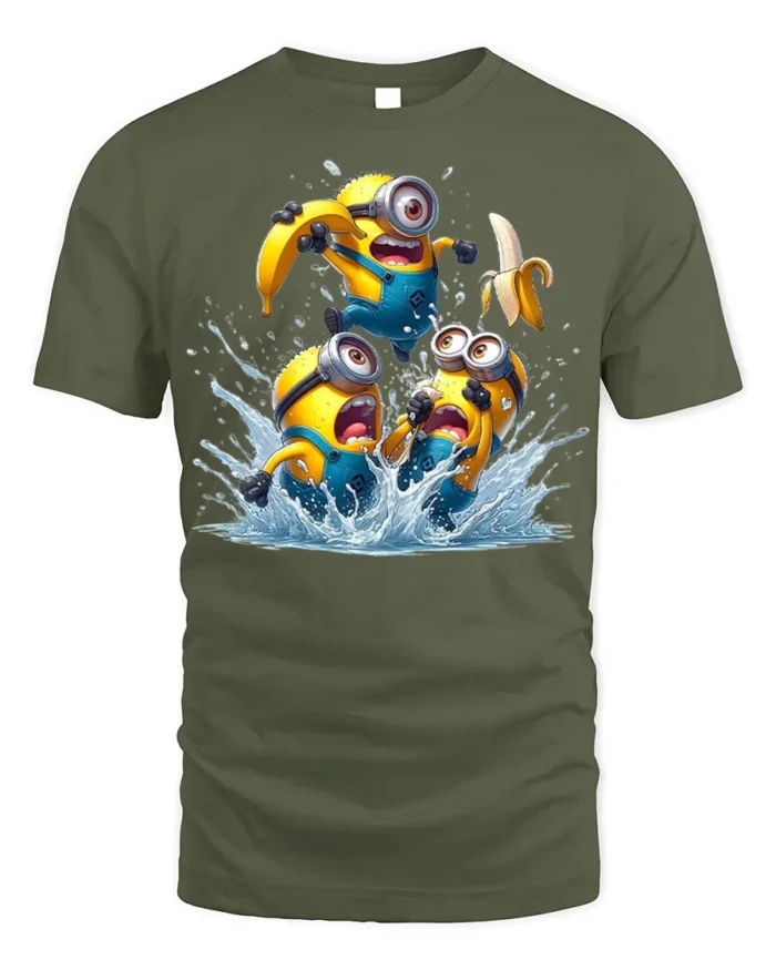 Minions Banana Splash Funny Graphic T-Shirt - military green t-shirt on white background
