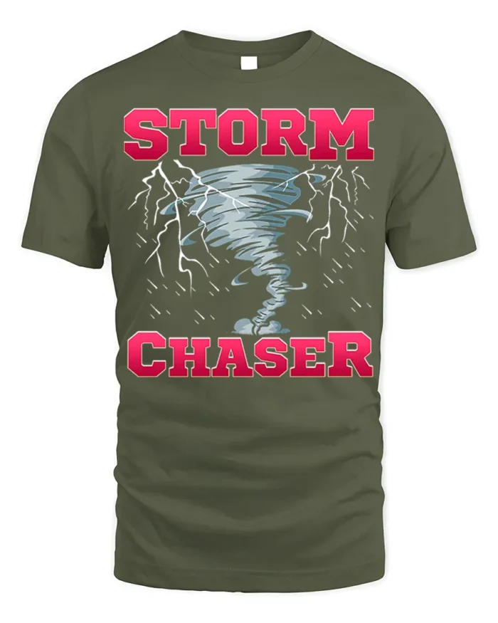 Storm Chaser Tornado Lightning Graphic T-Shirt - military green t-shirt on white background
