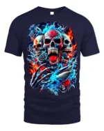 Skull and Shark Fire Ice Graphic T-Shirt for Men - navy t-shirt on white background