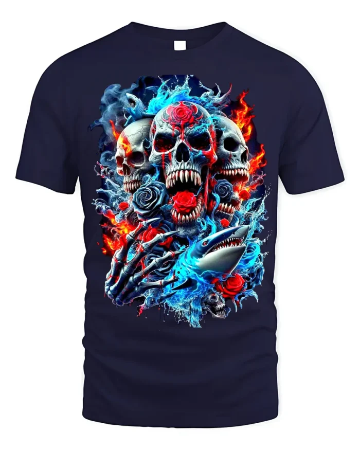 Skull and Shark Fire Ice Graphic T-Shirt for Men - navy t-shirt on white background