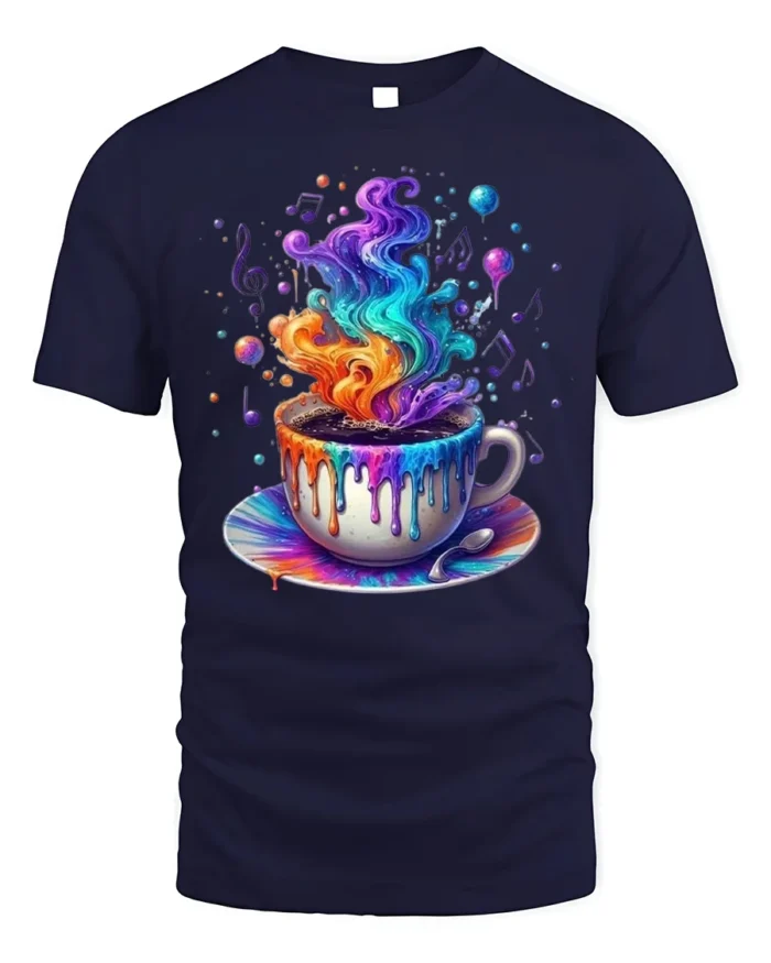 Colorful Coffee Cup Art T-Shirt Trippy Vibes - navy t-shirt on white background