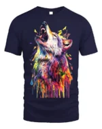 Vibrant Howling Wolf Art T-Shirt Colorful Design - navy t-shirt on white background