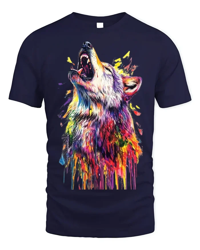 Vibrant Howling Wolf Art T-Shirt Colorful Design - navy t-shirt on white background