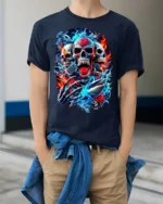 Skull and Shark Fire Ice Graphic T-Shirt for Men - model wearing navy shirt, hands in pockets