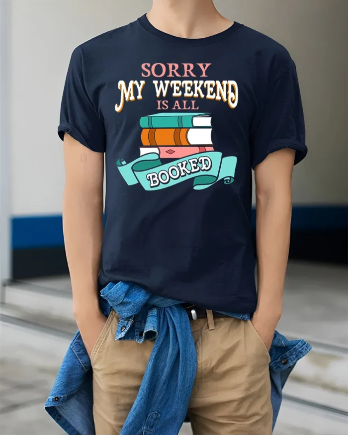 Funny Book Lover Literary Graphic Tee - model wearing navy shirt, hands in pockets
