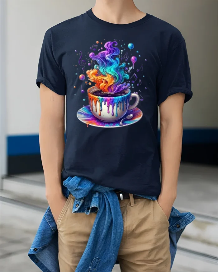 Colorful Coffee Cup Art T-Shirt Trippy Vibes - model wearing navy shirt, hands in pockets