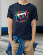 Retro Cassette Tape Graphic T-Shirt Music Lovers - model wearing navy shirt, hands in pockets