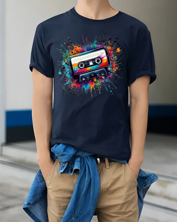Retro Cassette Tape Graphic T-Shirt Music Lovers - model wearing navy shirt, hands in pockets