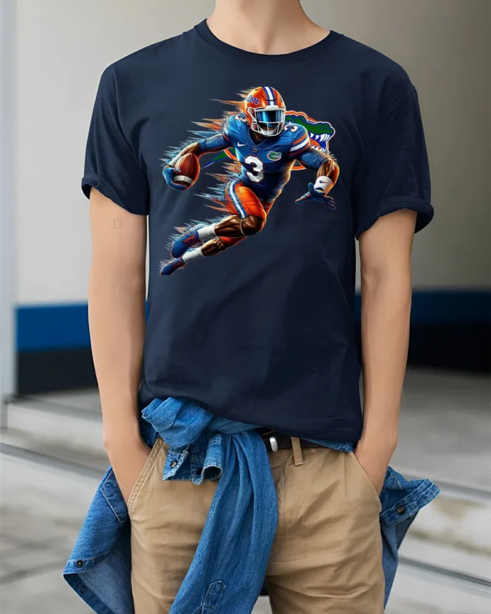 Florida Gators Football T-Shirt Dynamic Running - model wearing navy shirt, hands in pockets