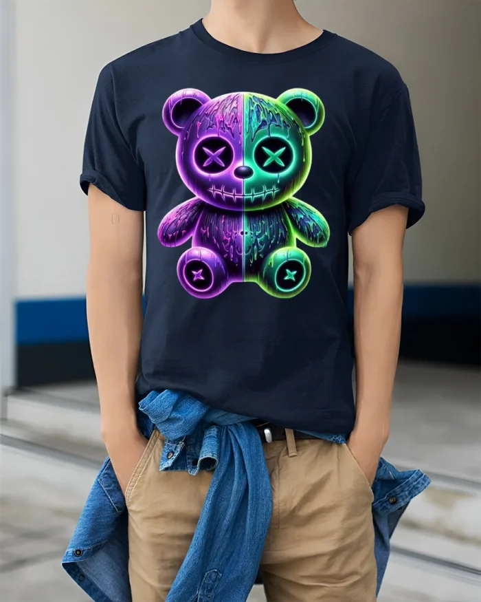 Neon Drip Bear T-Shirt Glow in the Dark Streetwear - model wearing navy shirt, hands in pockets