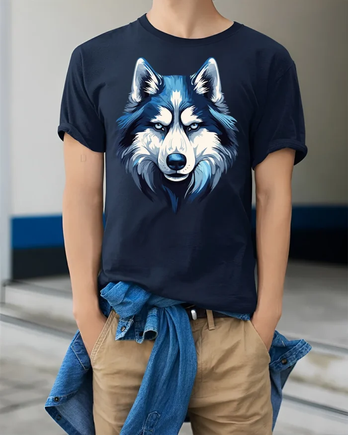 Blue Wolf T-Shirt Bold Graphic for Animal Lovers - model wearing navy shirt, hands in pockets