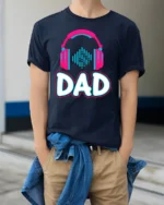 Headphones Dad T-Shirt Funny Music Lover - model wearing navy shirt, hands in pockets