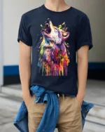 Vibrant Howling Wolf Art T-Shirt Colorful Design - model wearing navy shirt, hands in pockets