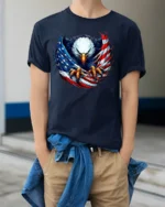 Freedom Eagle Flag Design T-Shirt for Patriots - model wearing navy shirt, hands in pockets