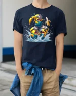 Minions Banana Splash Funny Graphic T-Shirt - model wearing navy shirt, hands in pockets