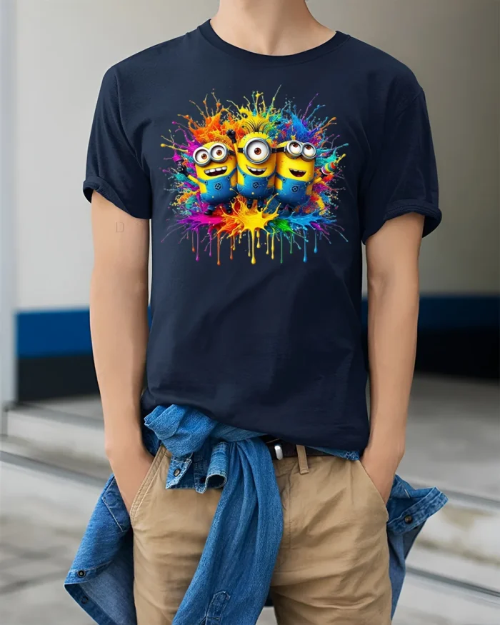 Minions Color Splash Art Funny Graphic T-Shirt - model wearing navy shirt, hands in pockets