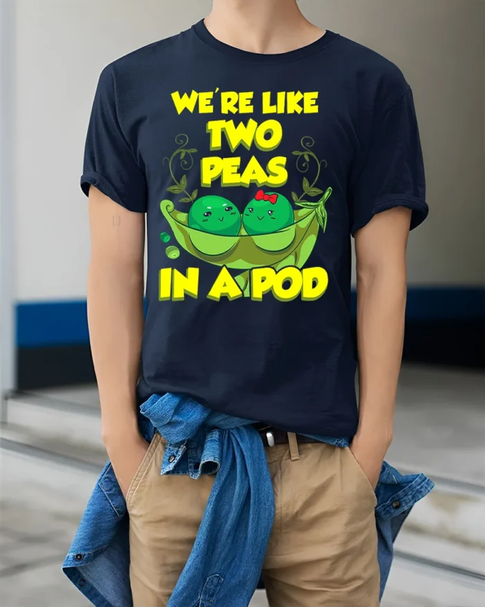 Cute Friendship Peas Graphic Tee Best Friends - model wearing navy shirt, hands in pockets